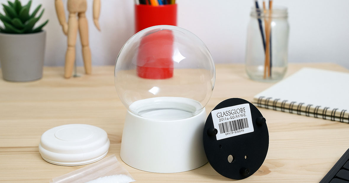 Kit de fabrication de boule à neige posé sur un bureau en bois clair, entouré d’accessoires de bricolage comme pinceaux, crayons et carnet de croquis   2/2
