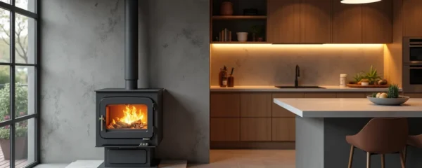 Cuisinière à bois contemporaine intégrée dans une cuisine moderne design