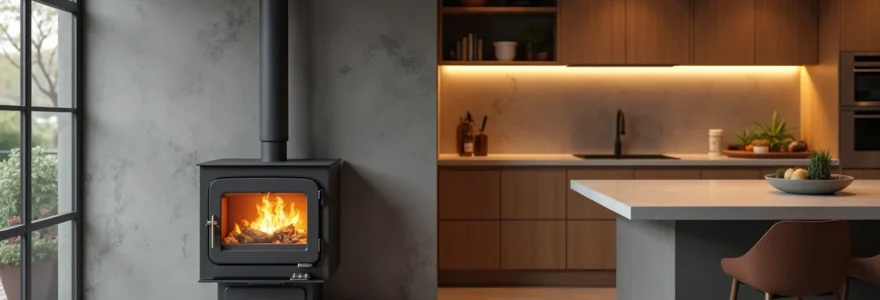 Cuisinière à bois contemporaine intégrée dans une cuisine moderne design