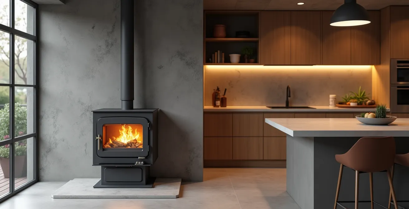 Cuisinière à bois contemporaine intégrée dans une cuisine moderne design