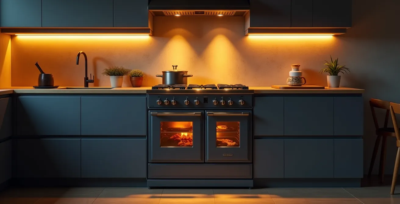 Éclairage architectural mettant en valeur une cuisinière à bois dans une cuisine design
