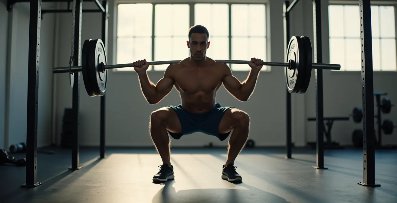 Athlète masculin en position de squat avec une barre olympique dans une salle de sport épurée aux tons naturels