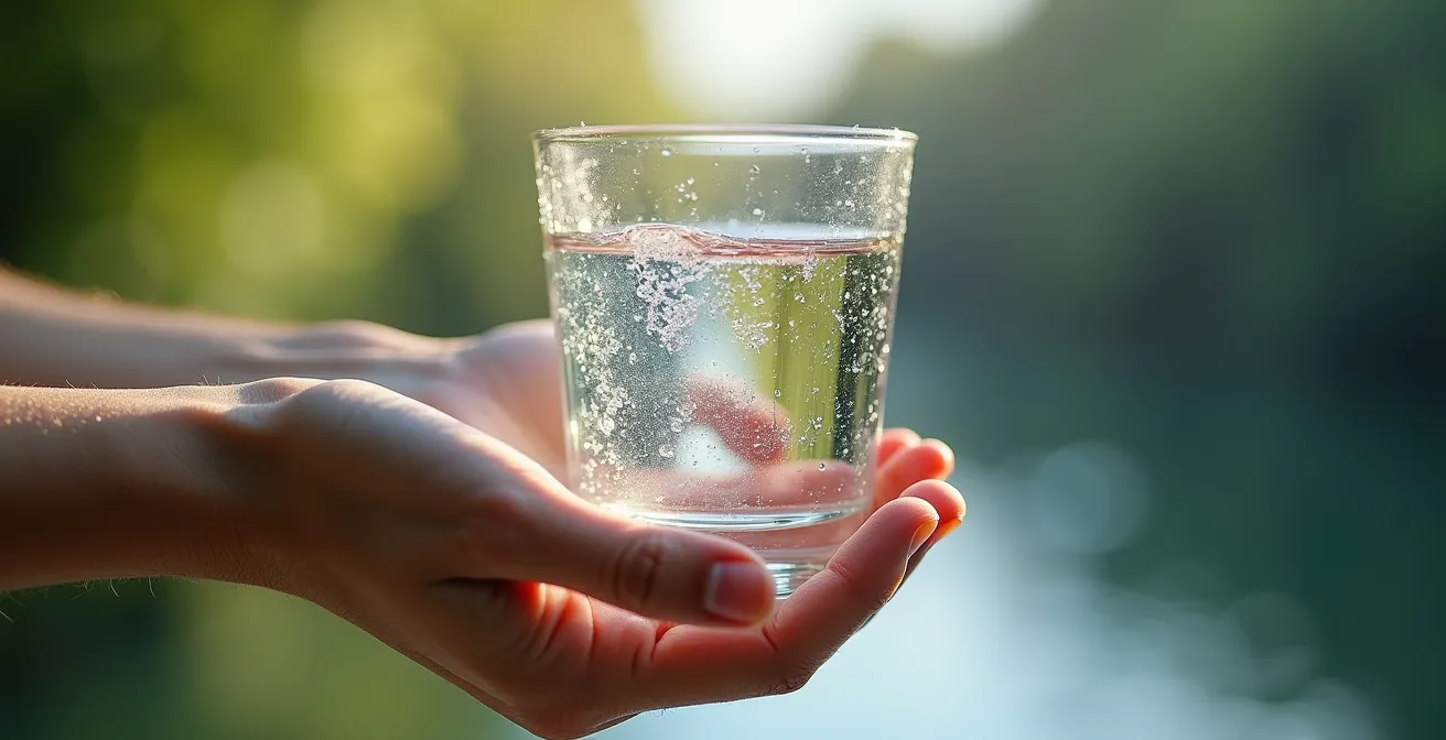 Gros plan sur une main tenant un verre d'eau claire avec des gouttelettes de condensation sur fond minimaliste