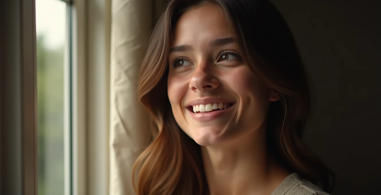 Portrait détaillé en gros plan d'une personne souriante visualisant un futur serein, éclairage doux et naturel mettant en valeur l’expression d’espoir et confiance