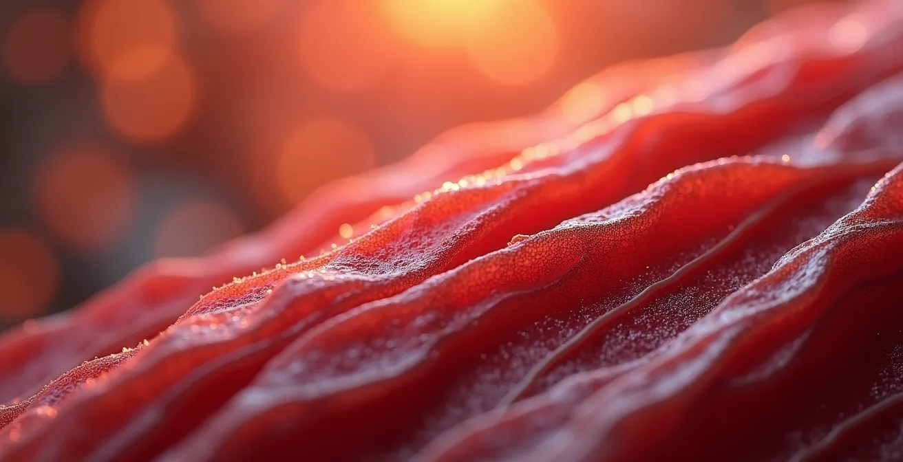 Gros plan macro sur une fibre musculaire vibrant d'énergie et métaphore visuelle d'une balance métabolique équilibrée