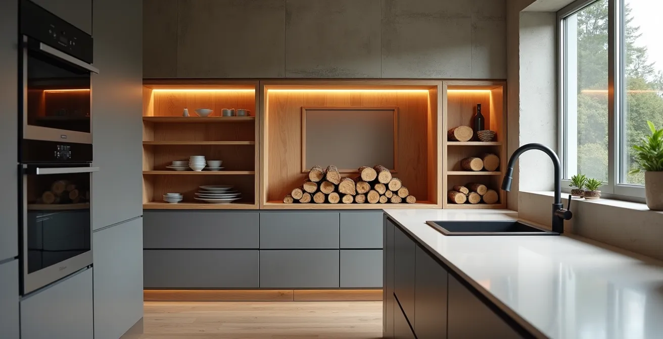 Niche architecturale sur mesure intégrant une cuisinière à bois avec rangement discret pour bûches