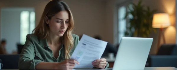 Photographie éditoriale d'un jeune actif réfléchissant à sa planification financière avec documents clairs et ambiance lumineuse cinématographique