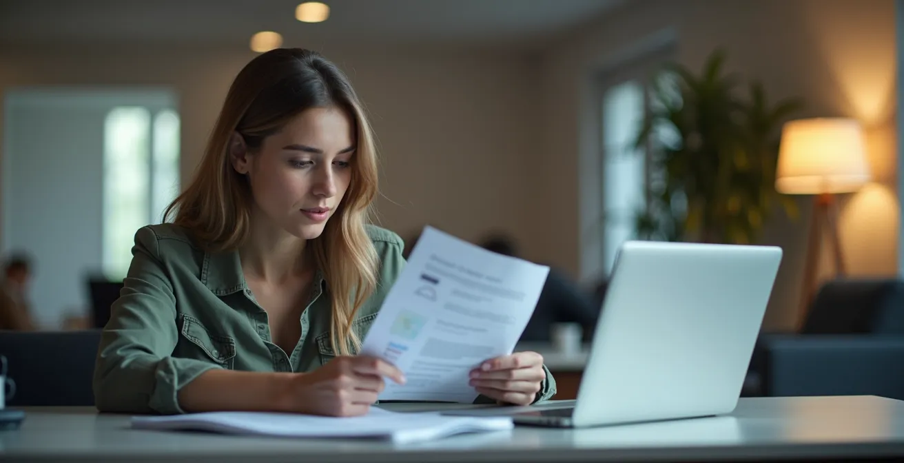 Photographie éditoriale d'un jeune actif réfléchissant à sa planification financière avec documents clairs et ambiance lumineuse cinématographique