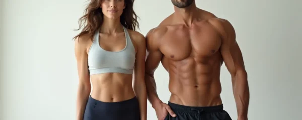 Homme et femme athlétiques en tenue sportive, symétriques, illustrant l'équilibre entre muscle et masse grasse avec un fond épuré et espace négatif
