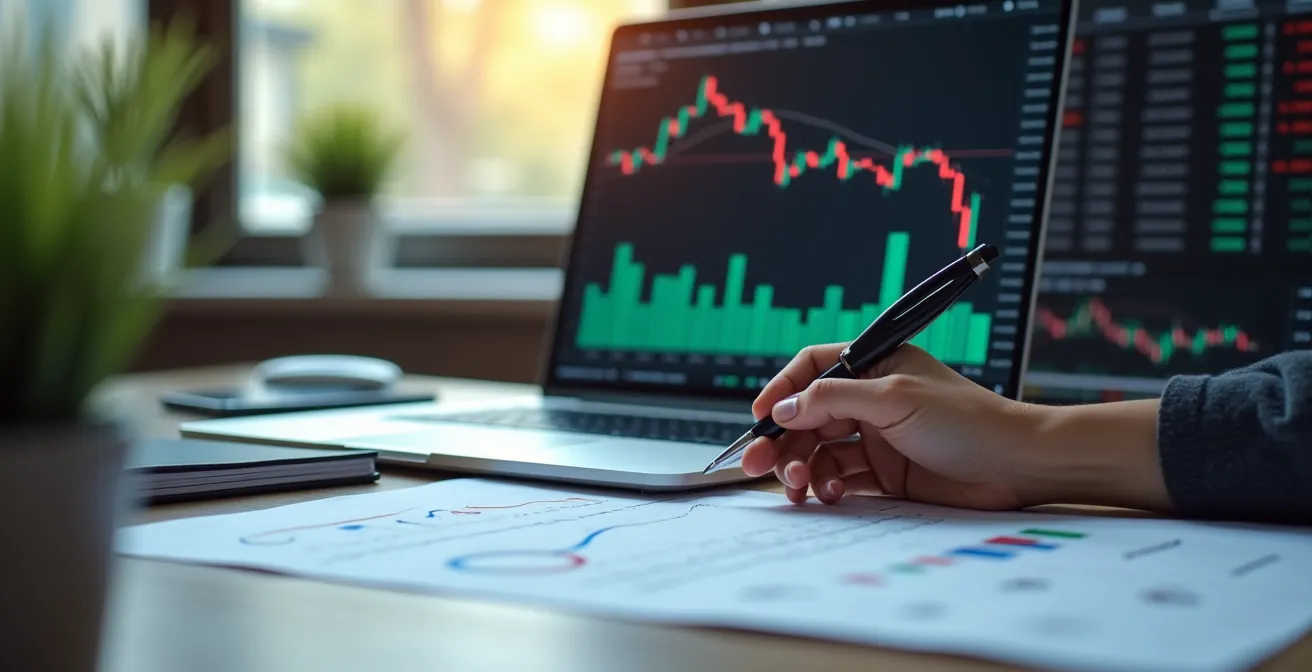 Composition photographique d’un bureau de conseiller financier avec graphiques, graphiques d’évolution et documents financiers dégageant une ambiance de défi financier maîtrisé
