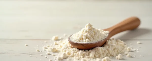 Vue macro d'une cuillère en bois tenant de la poudre de protéine blanche sur fond minimaliste épuré