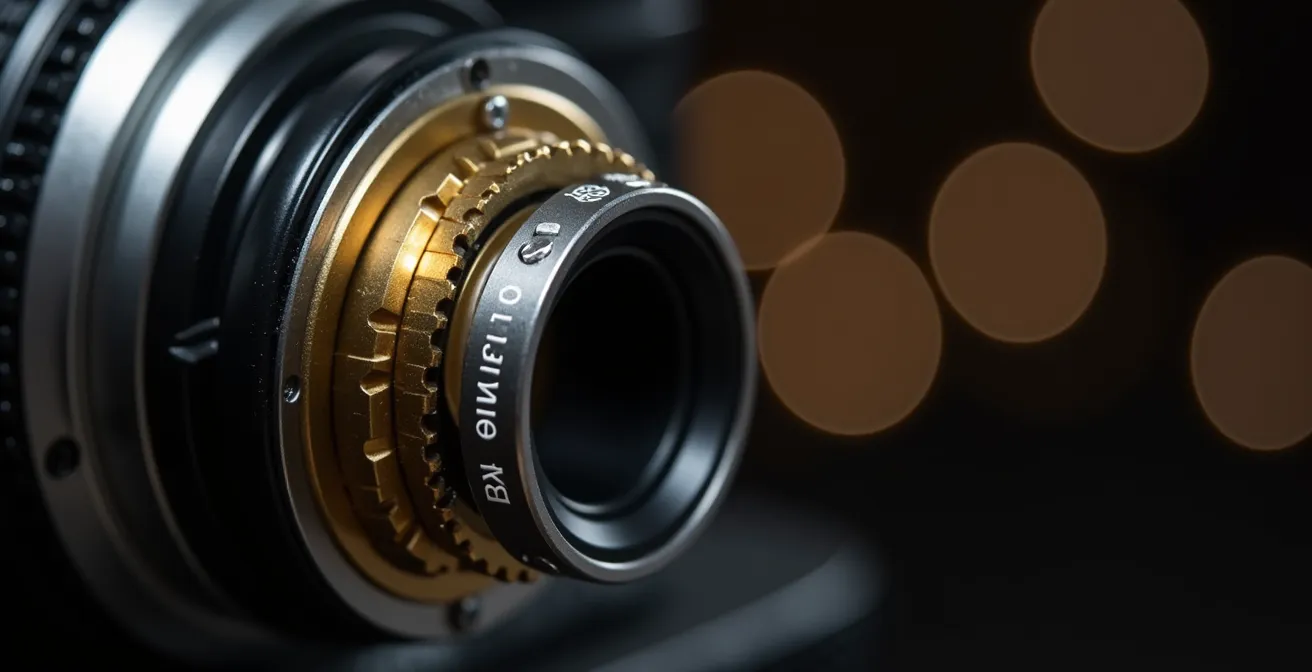 Vue macro sur baïonnette d'objectif avec détails mécaniques précis