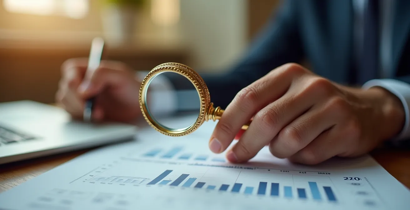Main examinant documents financiers avec loupe dorée