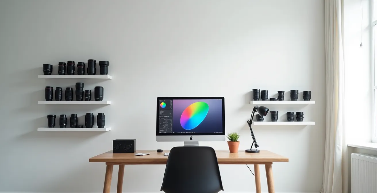 Bureau de photographe avec écran montrant logiciel de retouche et sauvegardes organisées