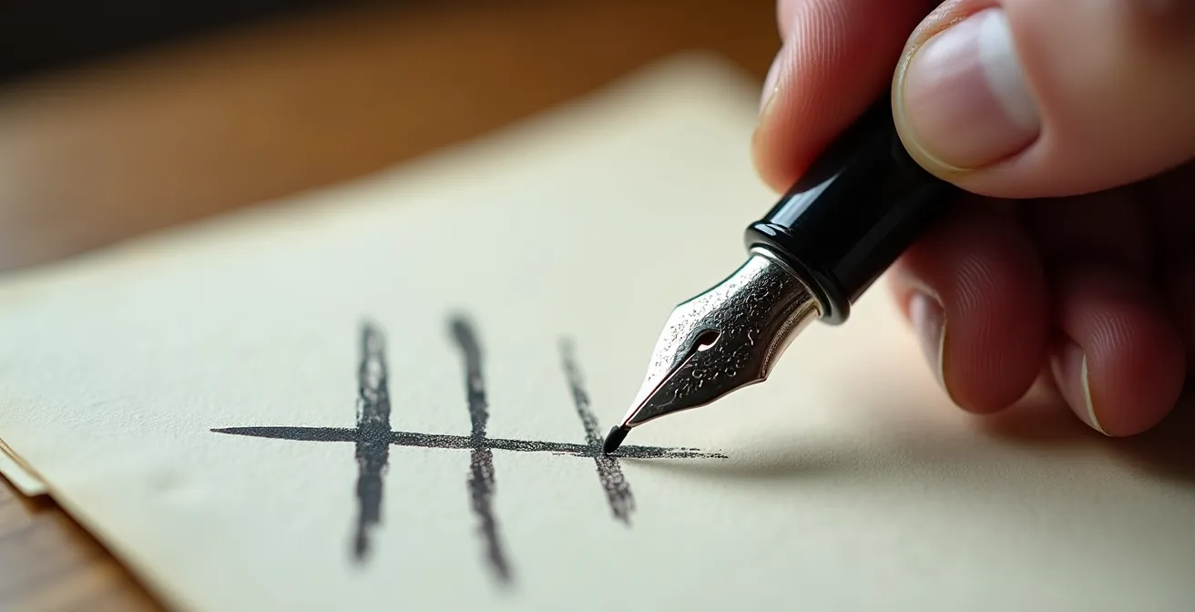 Main d'écrivain tenant une plume au-dessus d'un manuscrit avec corrections visibles