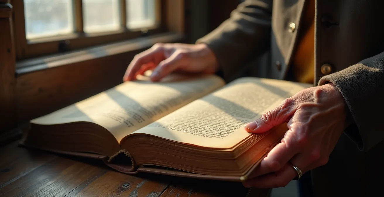 Mains tenant un manuscrit ancien à la lumière naturelle d'une fenêtre