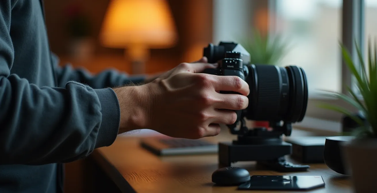 Mains de photographe ajustant les réglages d'un appareil photo professionnel