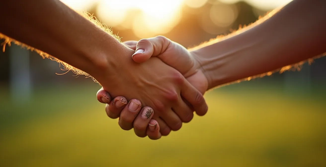 Deux mains se serrant fermement sur un terrain de football, lumière rasante du soir