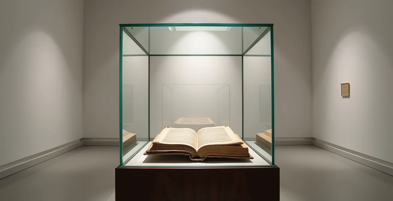 Manuscrit précieux exposé dans une vitrine de musée avec éclairage dramatique