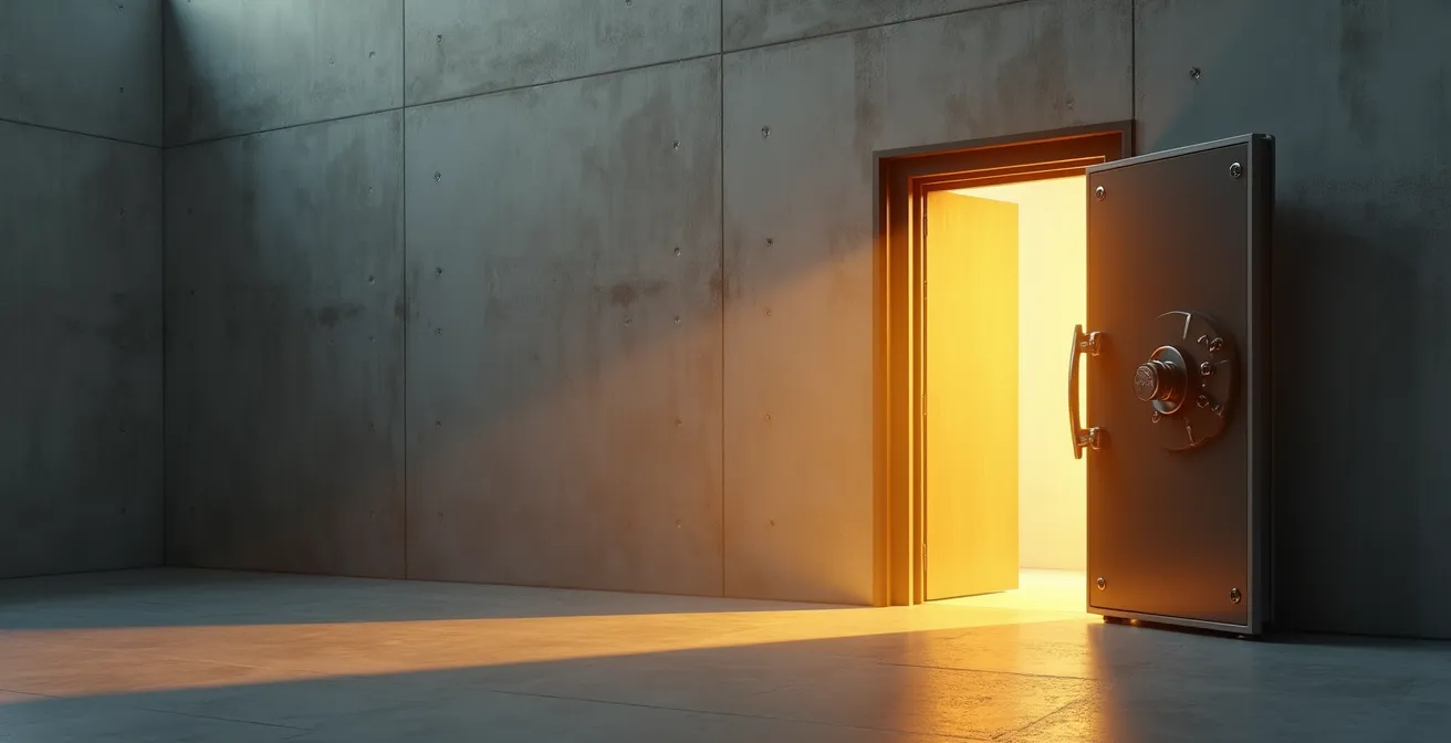 Coffre-fort moderne entrouvert avec lumière dorée émanant de l'intérieur