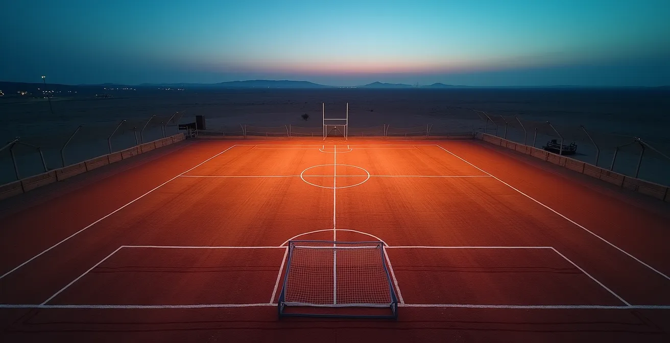 Vue aérienne minimaliste d'un terrain de football au crépuscule, lignes géométriques pures