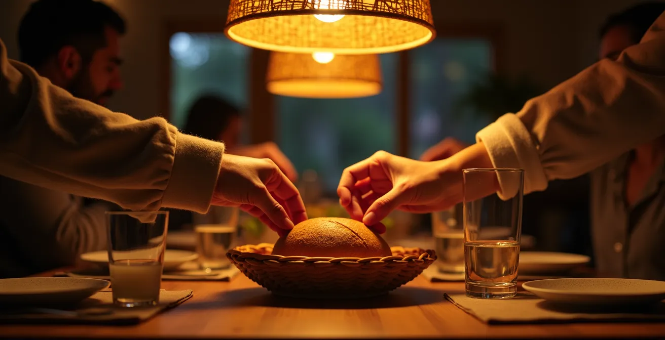 Suspension en matériaux naturels diffusant une lumière douce au-dessus d'une table dressée