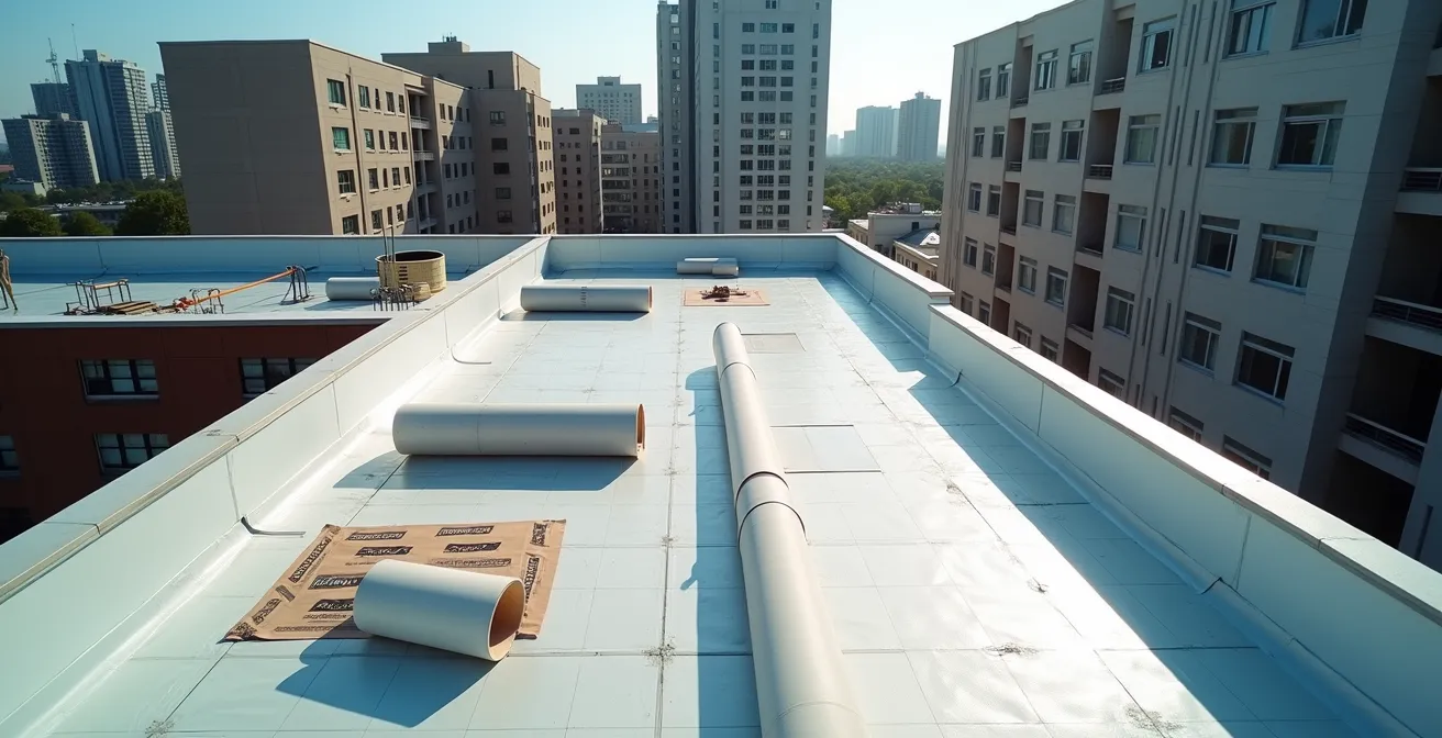 Vue aérienne d'un chantier d'étanchéité de toiture-terrasse en cours