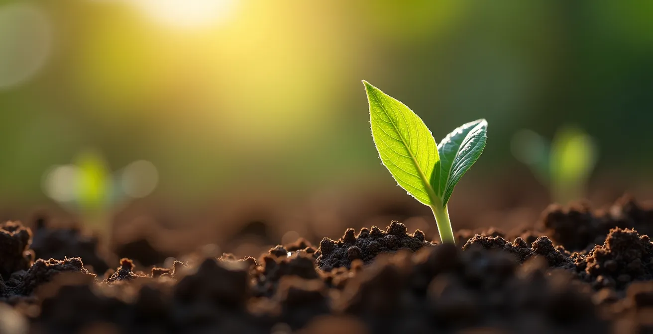 Vue macro d'une pousse verte émergeant du sol avec rosée matinale