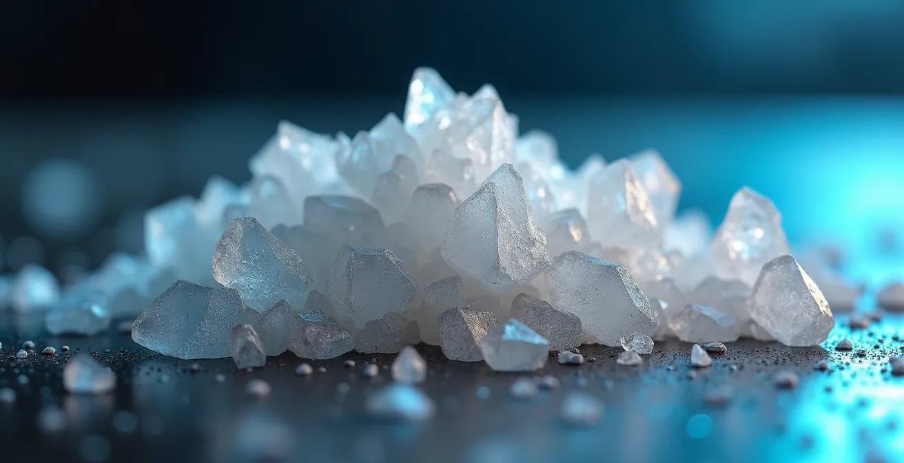 Vue macro de cristaux d'urée formés lors de la contamination