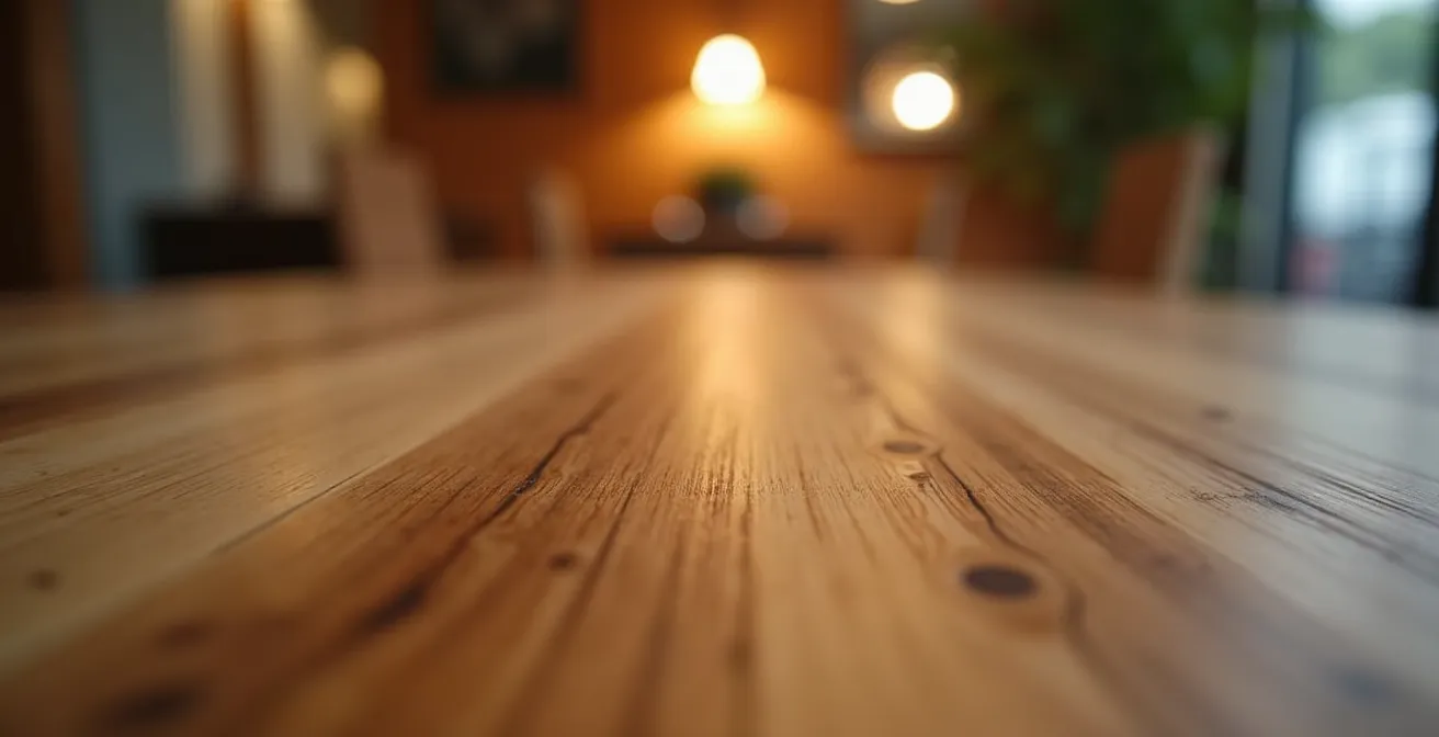 Gros plan sur une surface de table en bois massif avec les veines naturelles visibles