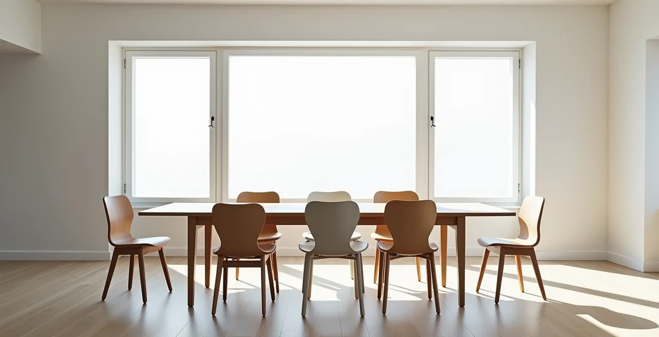 Vue en plongée d'une table à manger vide avec des chaises dispersées dans une pièce lumineuse