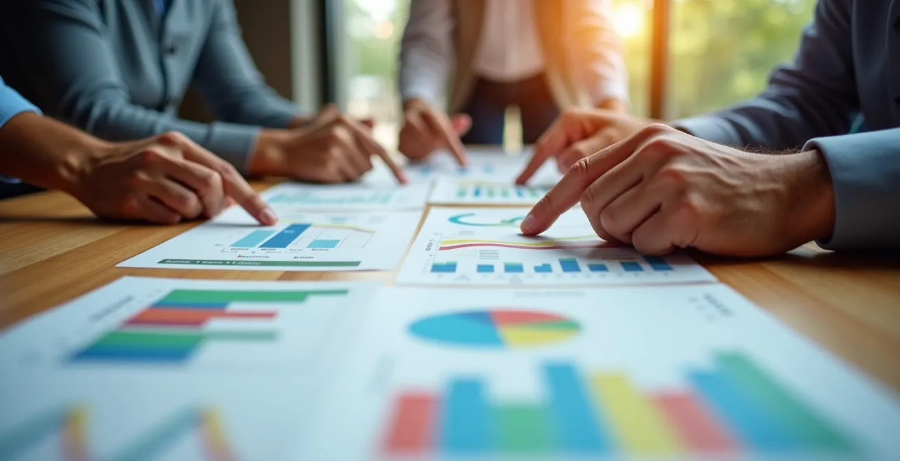 Gros plan sur des mains analysant un graphique coloré de performance énergétique sur une table en bois