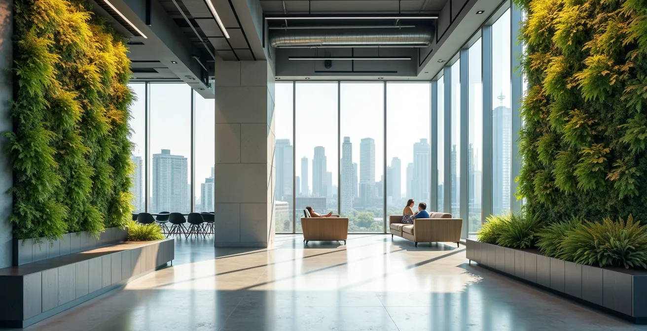 Vue d'ensemble d'un open space moderne avec végétation intégrée et lumière naturelle