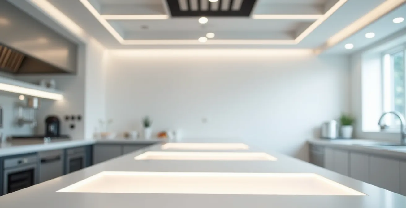 Axe Environnemental & Minimaliste : Vue large d'une cuisine de restaurant avec éclairage LED moderne