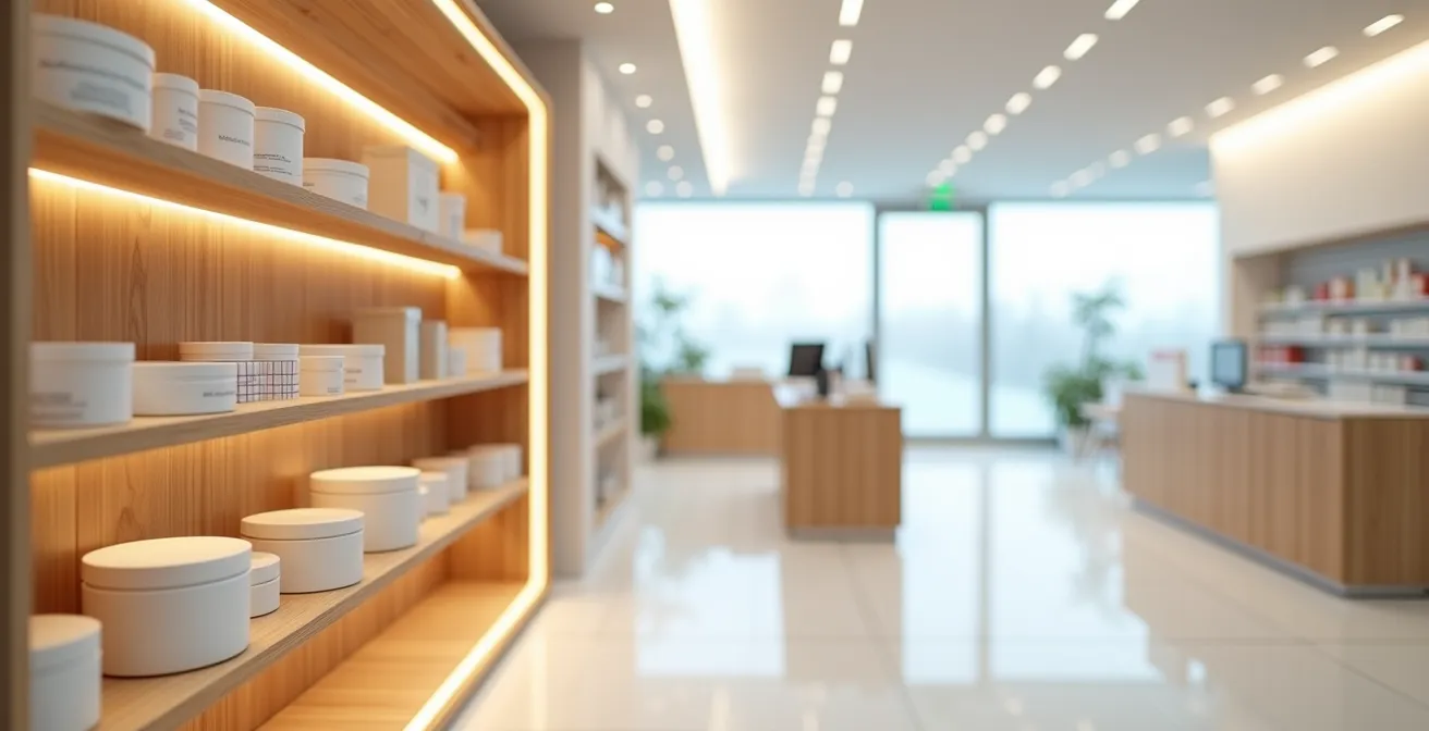 Intérieur moderne d'une pharmacie française avec espace conseil dédié aux compléments alimentaires