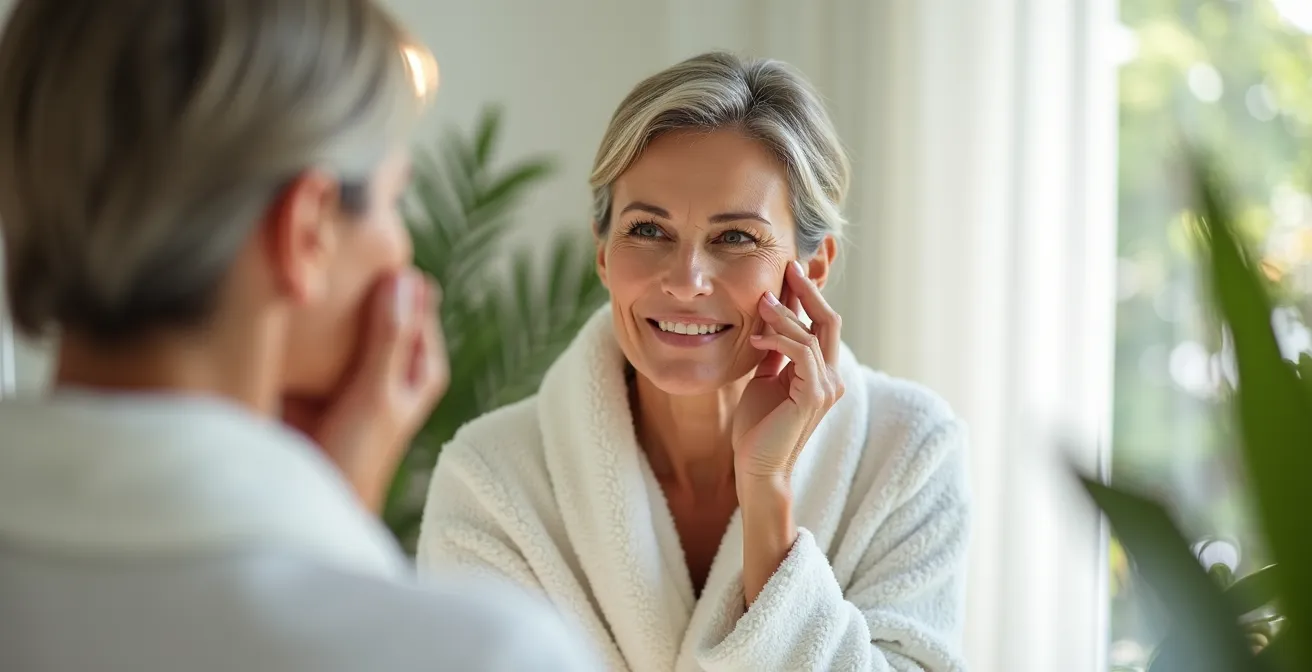 Femme analysant sa peau devant un miroir dans une lumière naturelle douce
