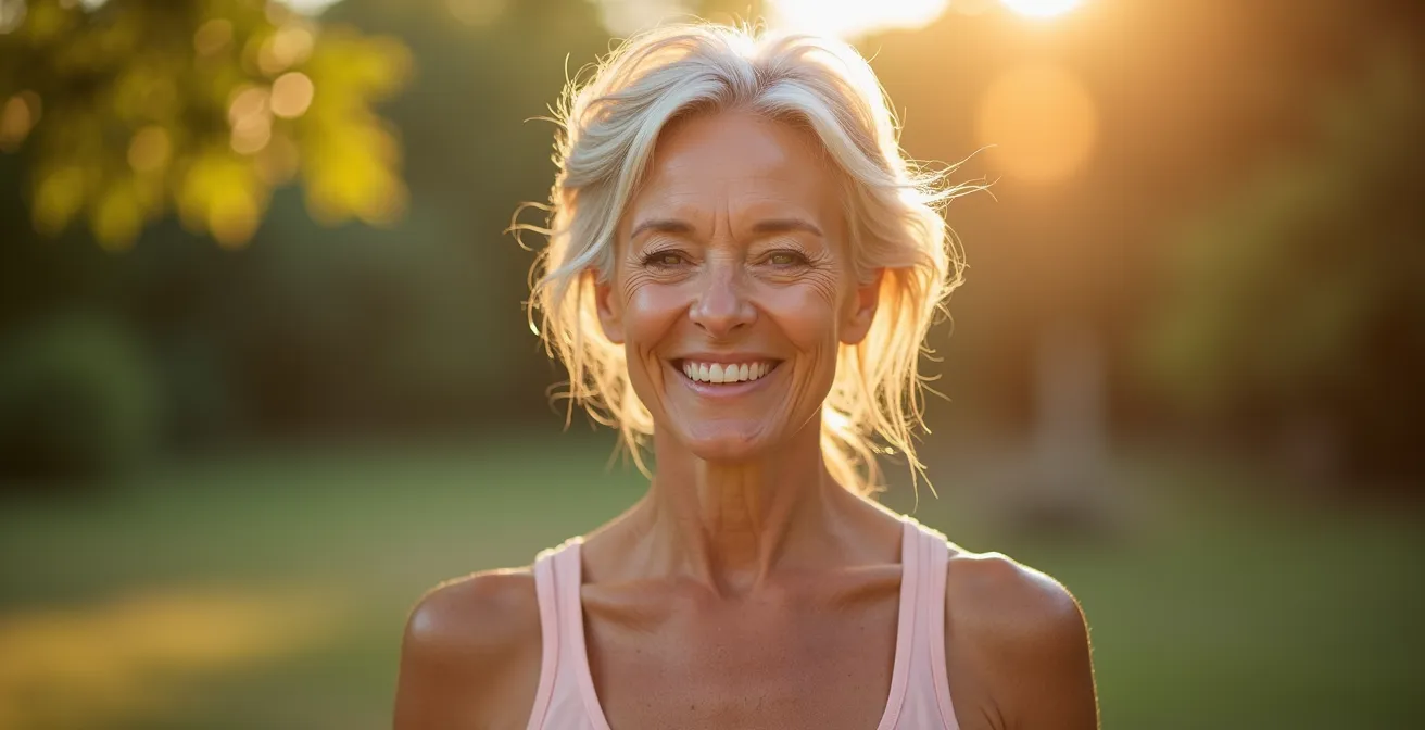 Portrait d'une femme senior souriante pratiquant le yoga dans un environnement naturel lumineux