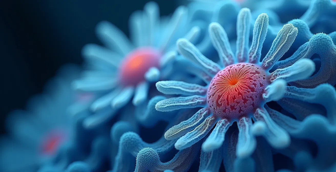 Vue microscopique détaillée d'un fibroblaste en activité