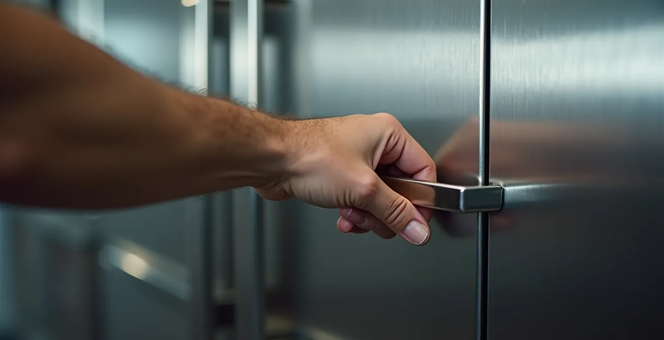Axe Macro & Textural : Gros plan sur une main fermant la porte d'un réfrigérateur professionnel