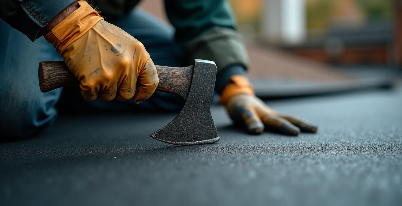 Gros plan sur les mains expertes analysant une membrane d'étanchéité