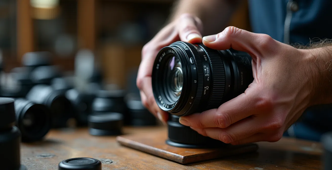 Mains manipulant délicatement un objectif photo avec texture métallique visible