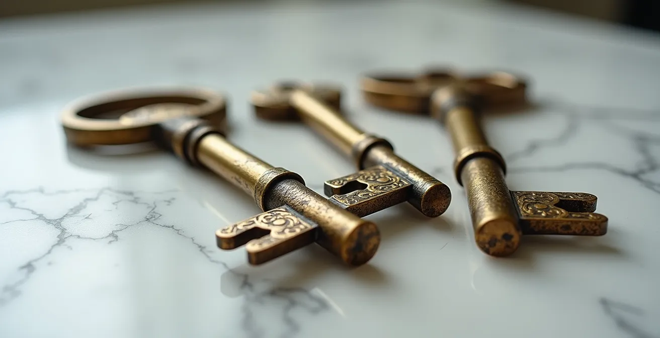 Photographie macro de trois clés anciennes en métal patiné sur une surface de marbre blanc veiné, chaque clé représentant un mécanisme d'effacement