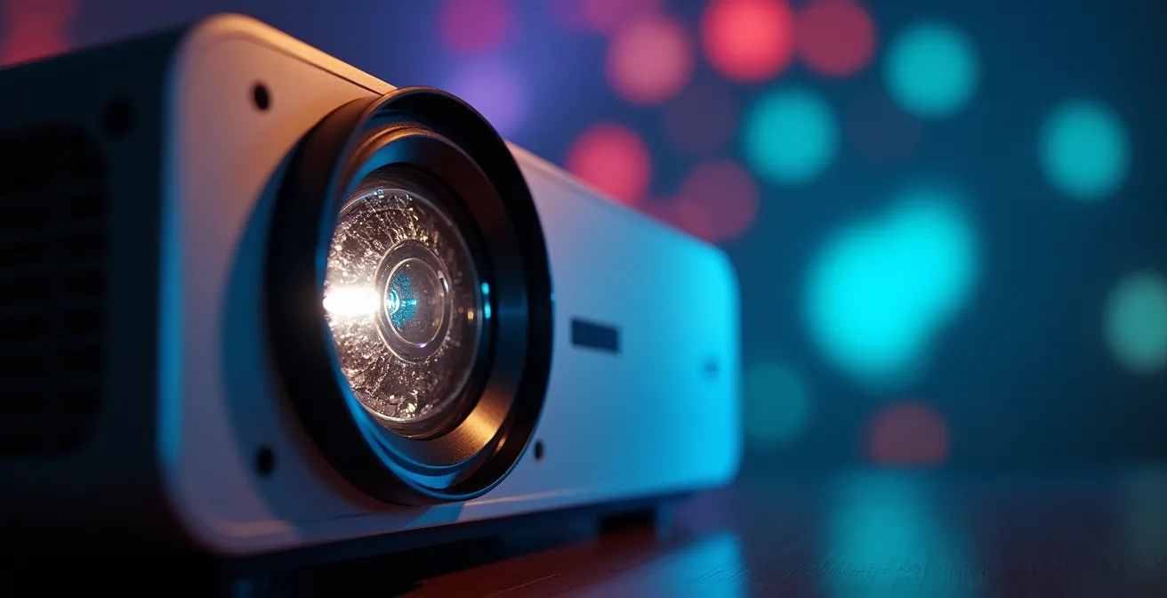 Macro-détail d'un projecteur LED moderne créant des motifs flocons lumineux sur une surface texturée