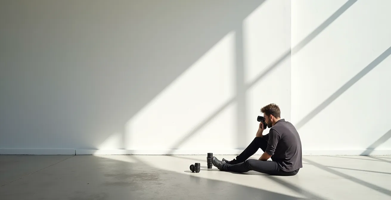 Photographe réfléchissant devant son équipement photo minimaliste