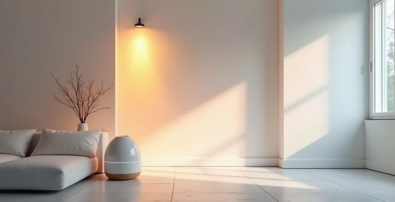 Vue d'ensemble minimaliste d'un salon avec éclairages synchronisés et diffuseurs d'ambiance créant une atmosphère festive