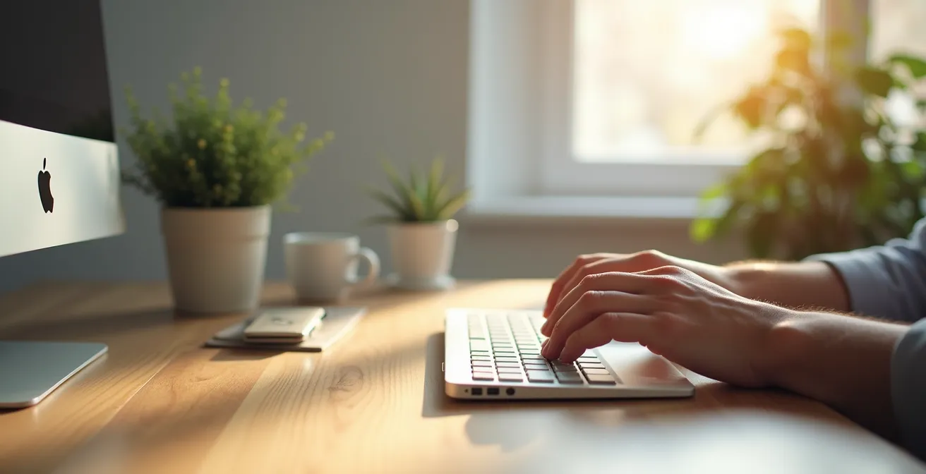 Bureau épuré avec plante verte et lumière naturelle traversant la fenêtre