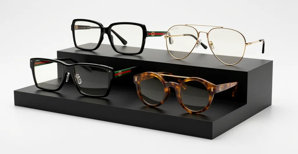 Trois modèles de lunettes Gucci différents exposés sur un présentoir de boutique