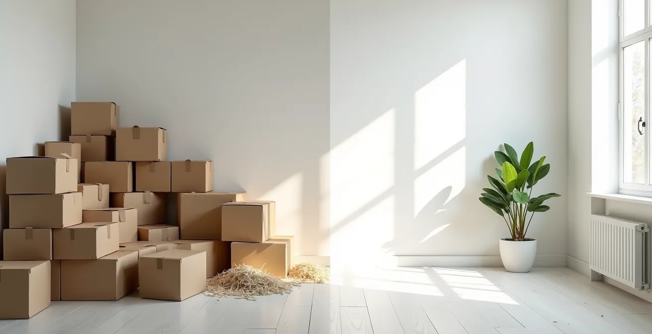 Contraste saisissant entre deux moitiés d'une pièce, l'une surchargée, l'autre minimaliste