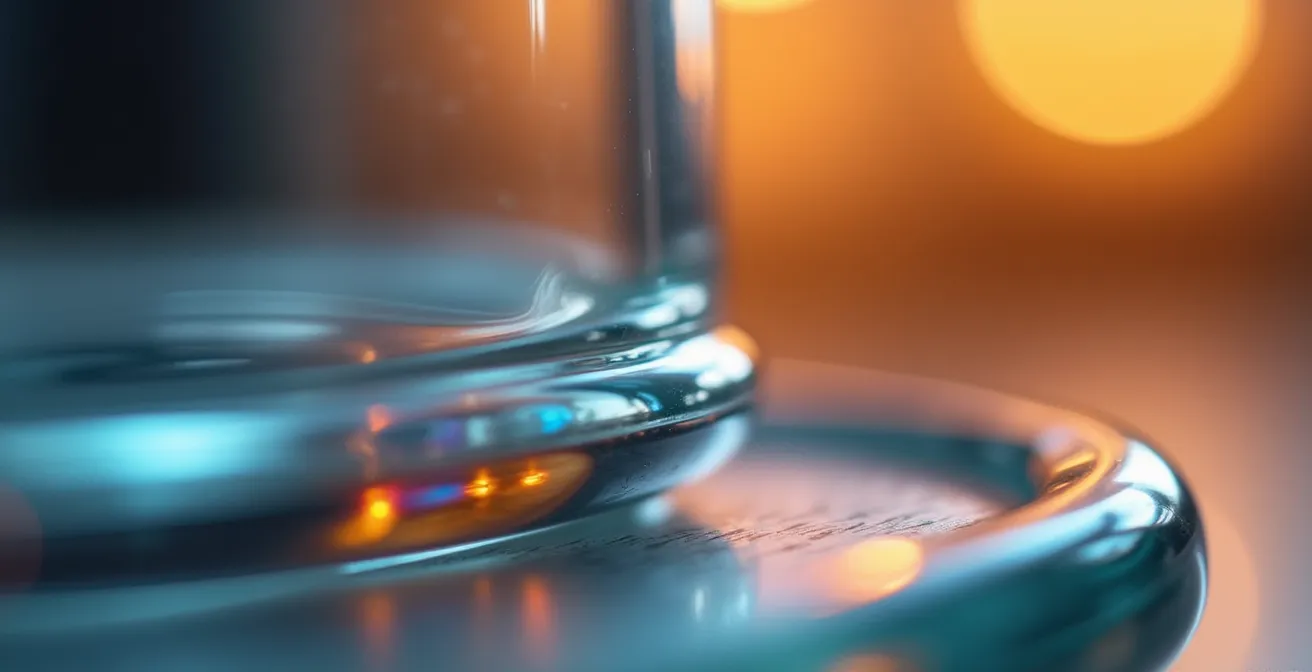 Détail macro d'un bord de verre en cristallin avec courbes précises