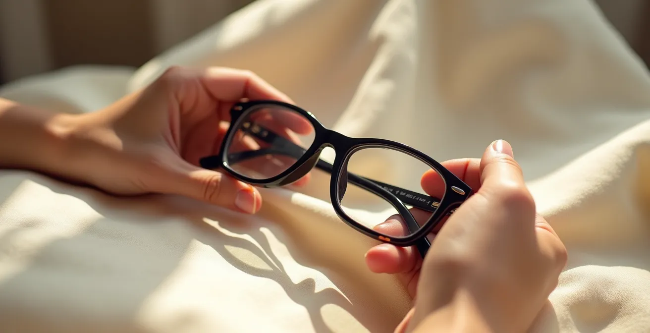 Mains féminines tenant délicatement une monture Saint Laurent